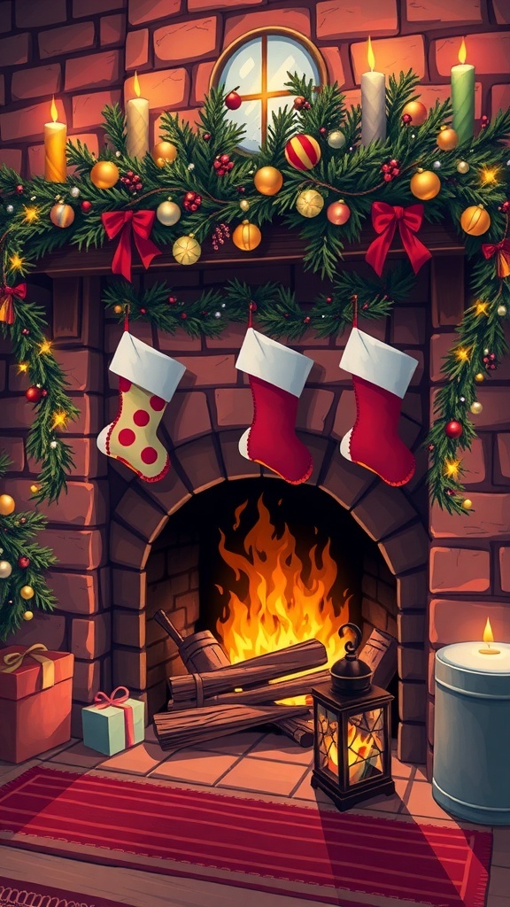 A colorful drawing of a Christmas fireplace with stockings and decorations.